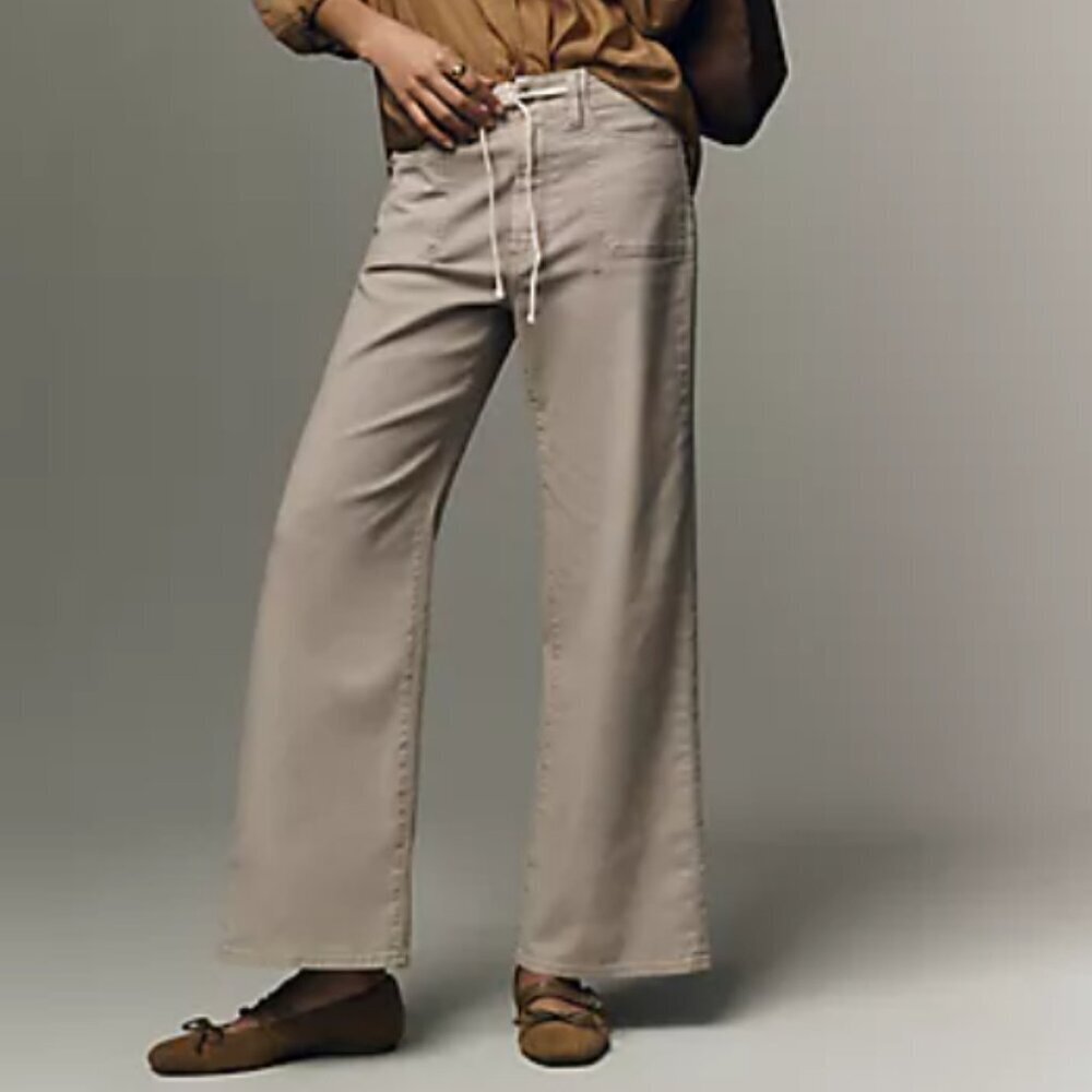 PAIGE Carly Pant High Rise Crop Wide Leg Jean Drawstring Trousers Moss Size 28